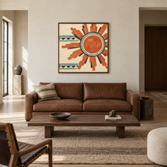 Aztec Sun Pattern oil painting displayed in a ranch living room