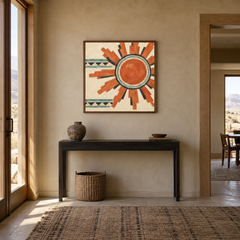 Aztec Sun Pattern oil painting displayed in a Western entryway