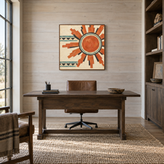 Aztec Sun Pattern oil painting displayed in a ranch study