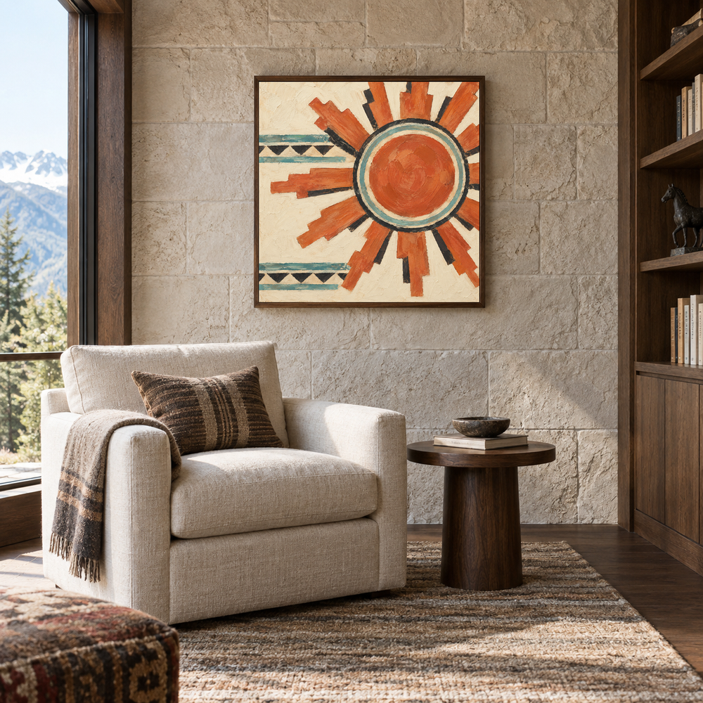 Aztec Sun Pattern oil painting displayed in a lodge reading room