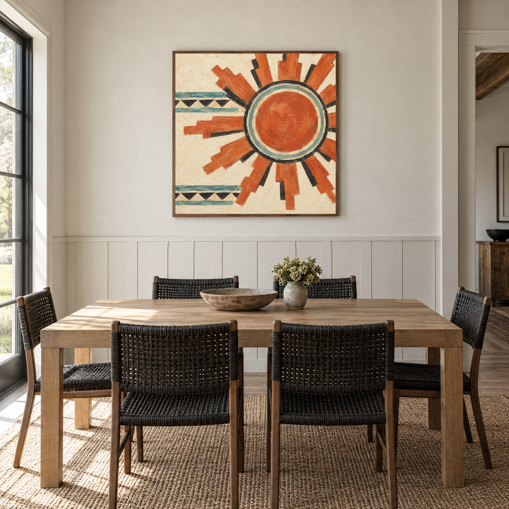 Aztec Sun Pattern oil painting displayed in a Western dining room