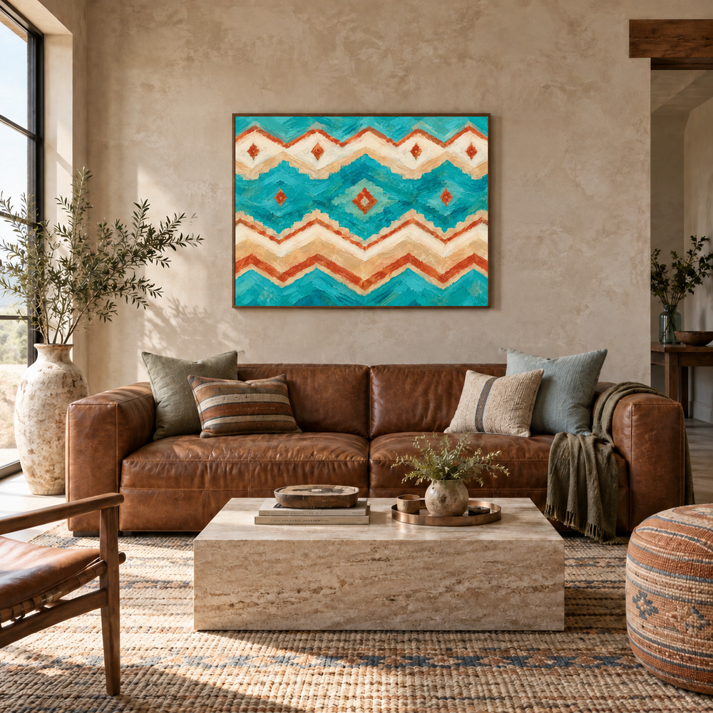 Turquoise Southwestern Pattern oil painting displayed in a Western living room