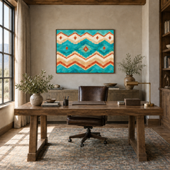 Turquoise Southwestern Pattern oil painting displayed in a rustic study