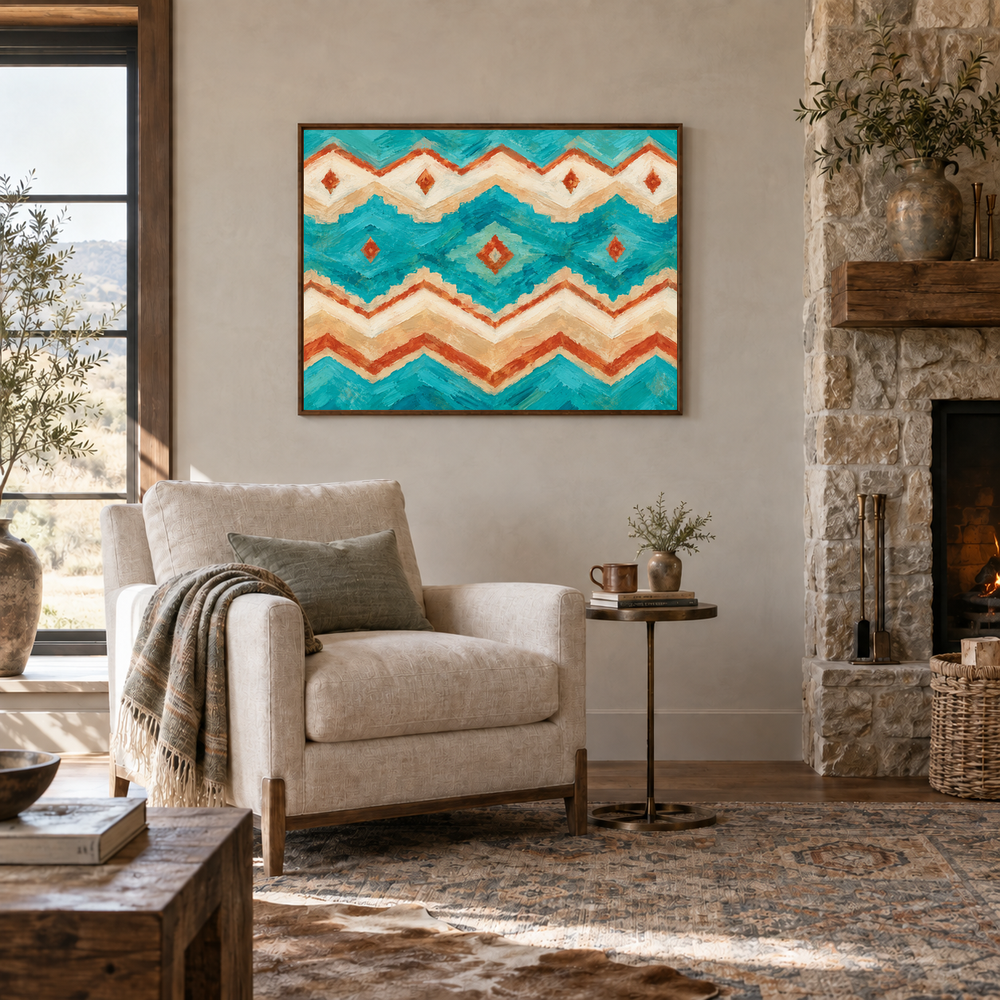 Turquoise Southwestern Pattern oil painting displayed in a farmhouse reading room