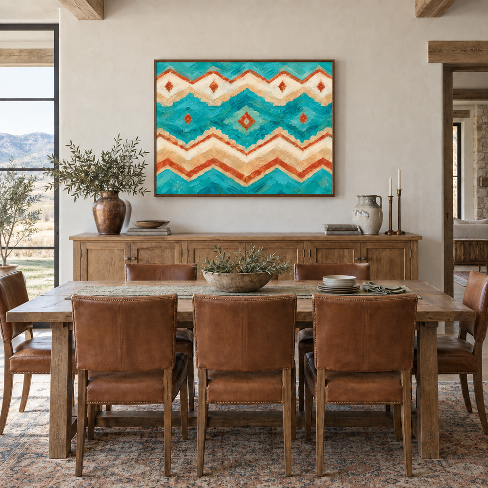 Turquoise Southwestern Pattern oil painting displayed in a contemporary lounge