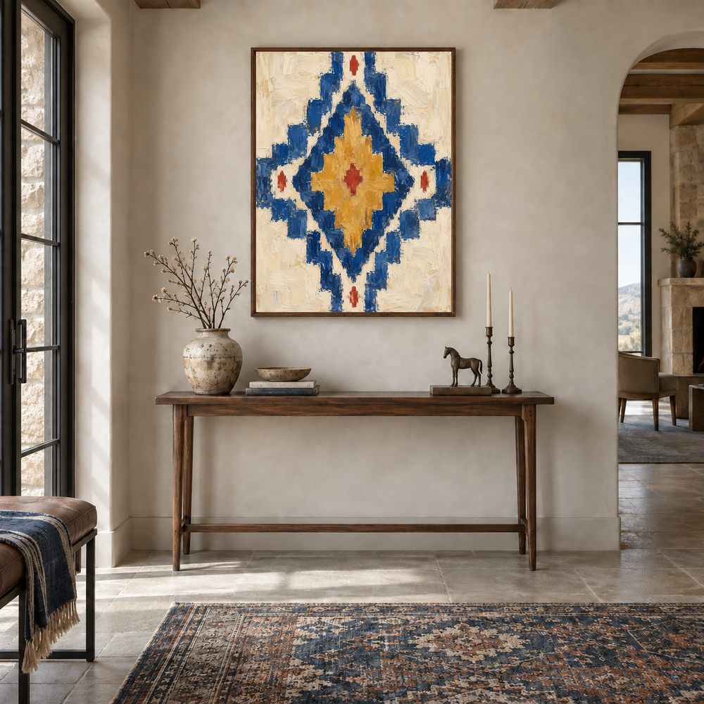 Desert Diamond Motif oil painting displayed in a Western entryway