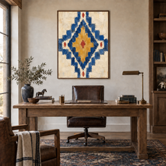 Desert Diamond Motif oil painting displayed in a ranch study
