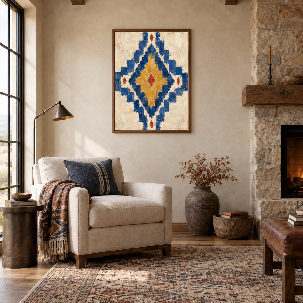 Desert Diamond Motif oil painting displayed in a lodge reading room