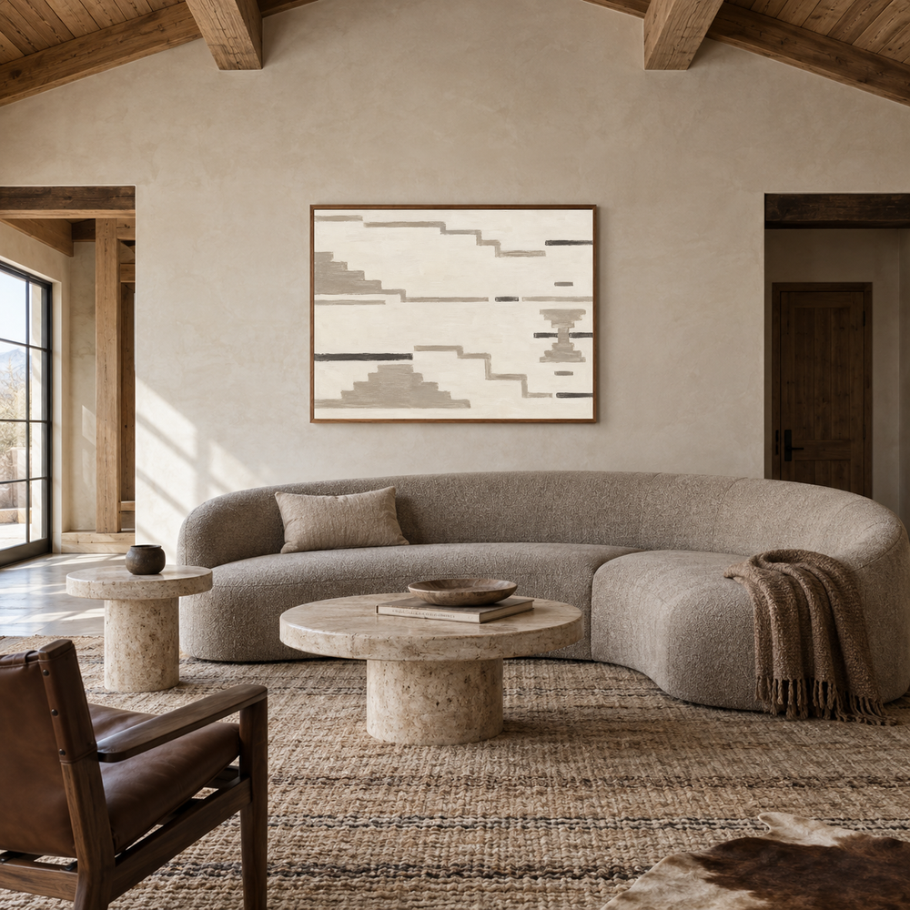 Neutral Aztec Textile Inspired Art oil painting displayed in a ranch living room