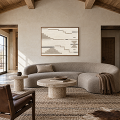 Neutral Aztec Textile Inspired Art oil painting displayed in a ranch living room