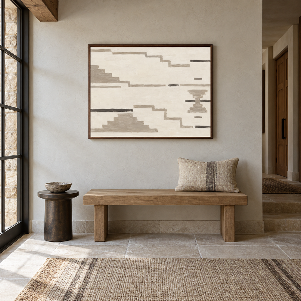 Neutral Aztec Textile Inspired Art oil painting displayed in a Western entryway