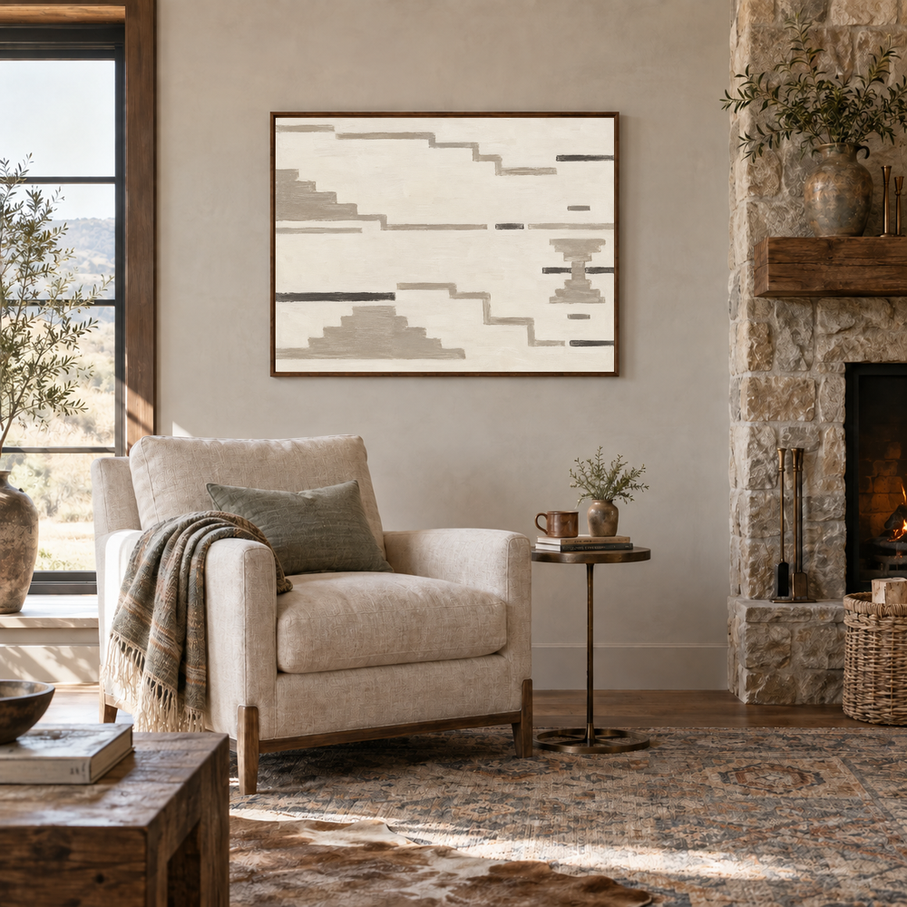 Neutral Aztec Textile Inspired Art oil painting displayed in a lodge reading room