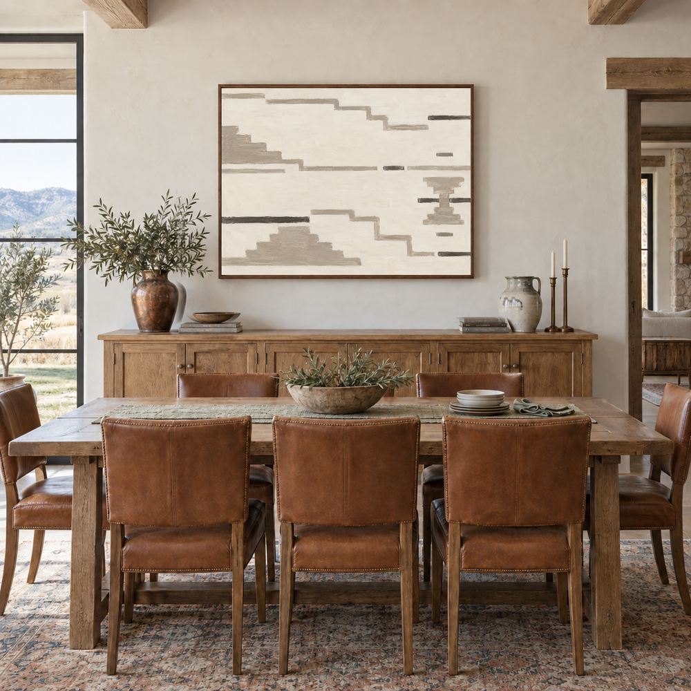 Neutral Aztec Textile Inspired Art oil painting displayed in a Western dining room