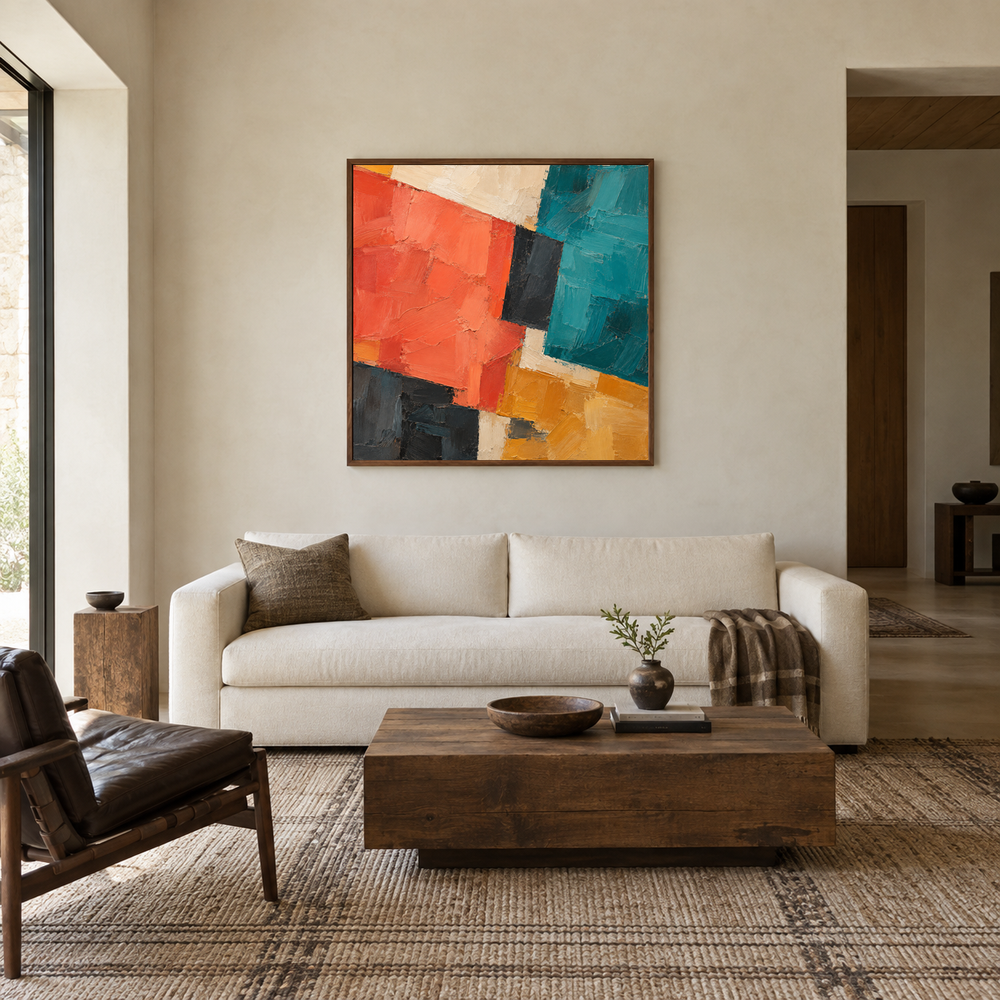 Bold Southwest Blocks oil painting displayed in a living room