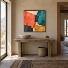 Bold Southwest Blocks oil painting displayed in a entryway