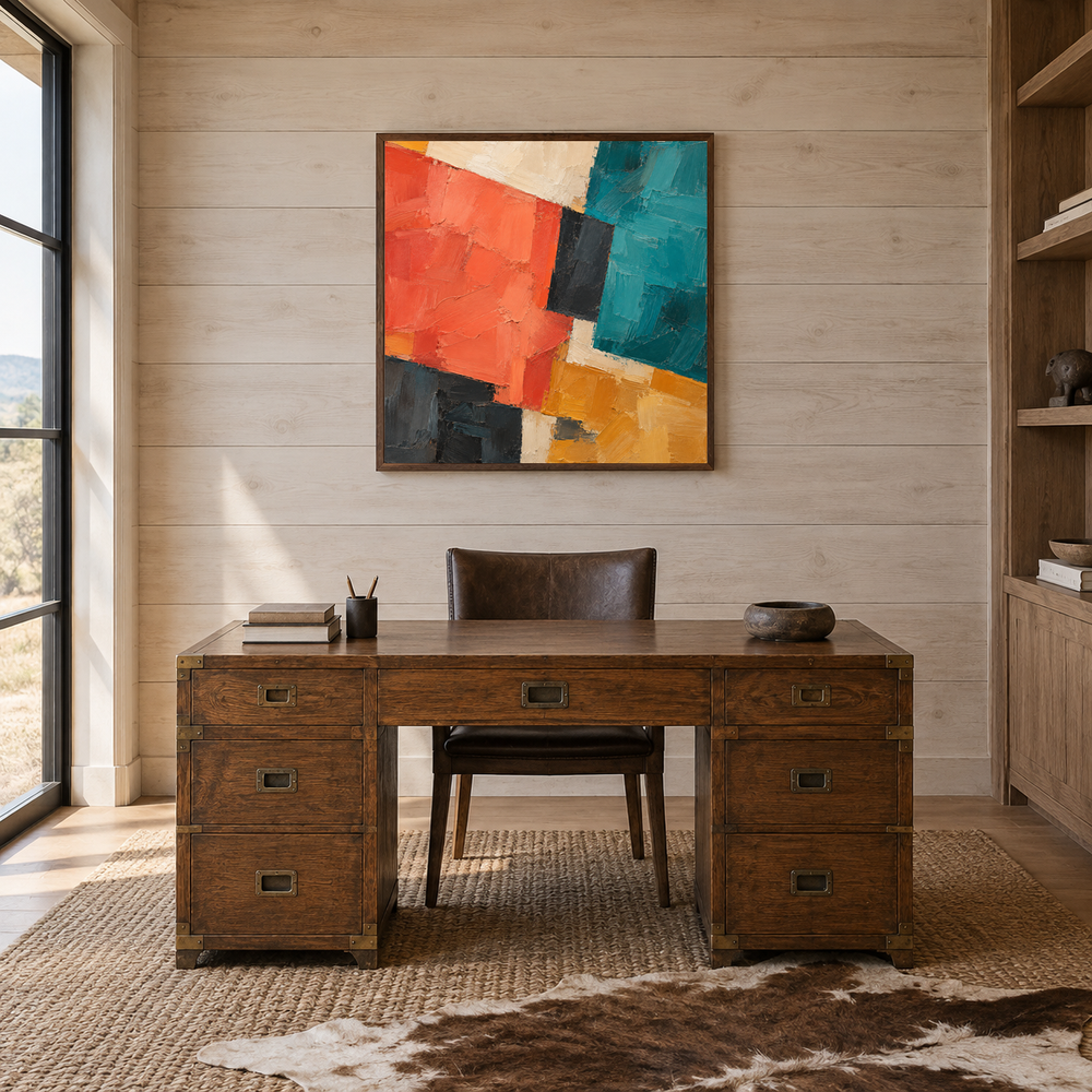 Bold Southwest Blocks oil painting displayed in a study