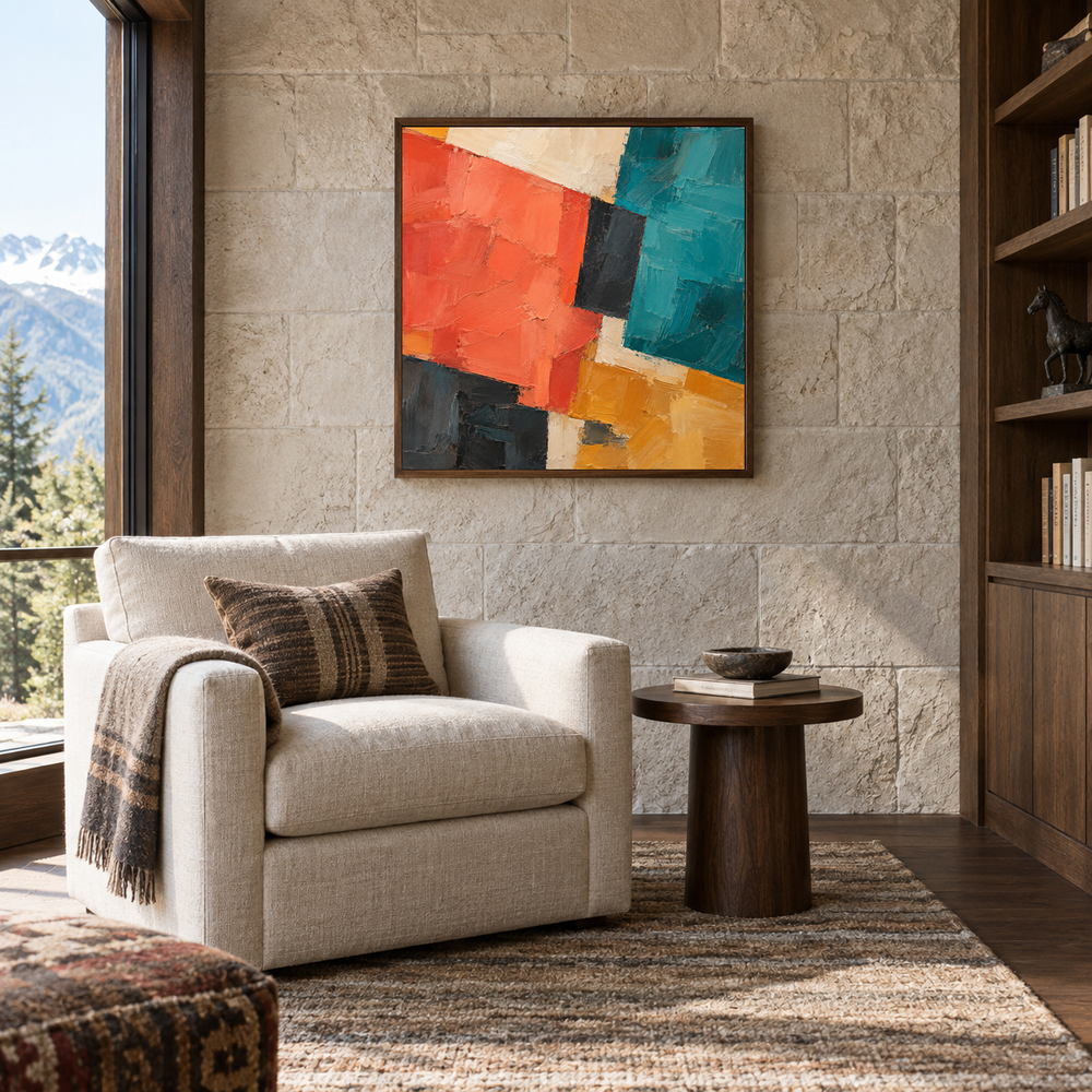 Bold Southwest Blocks oil painting displayed in a reading room