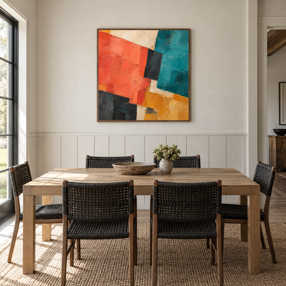 Bold Southwest Blocks oil painting displayed in a dining room