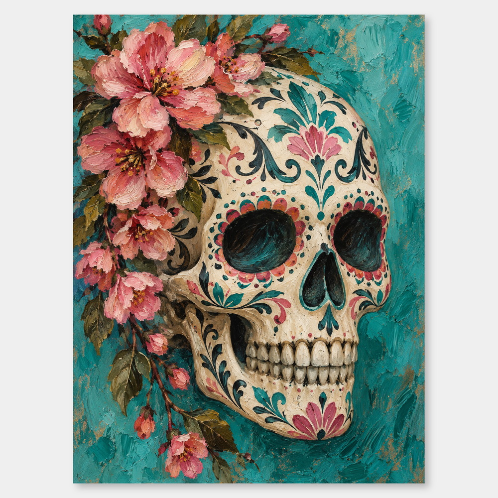 Floral Sugar Skull in Turquoise oil painting shown unframed on a neutral gray background