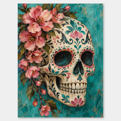 Floral Sugar Skull in Turquoise oil painting shown unframed on a neutral gray background