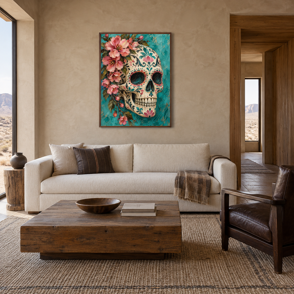 Floral Sugar Skull in Turquoise oil painting displayed in a living room