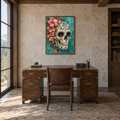 Floral Sugar Skull in Turquoise oil painting displayed in a study