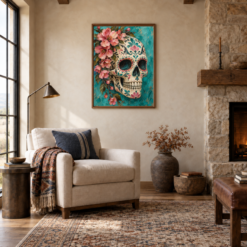 Floral Sugar Skull in Turquoise oil painting displayed in a reading room