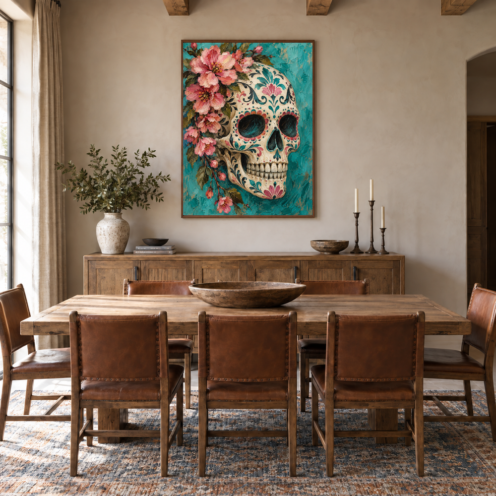Floral Sugar Skull in Turquoise oil painting displayed in a dining room