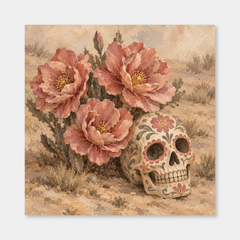 Desert Rose Sugar Skull oil painting shown unframed on a neutral gray background