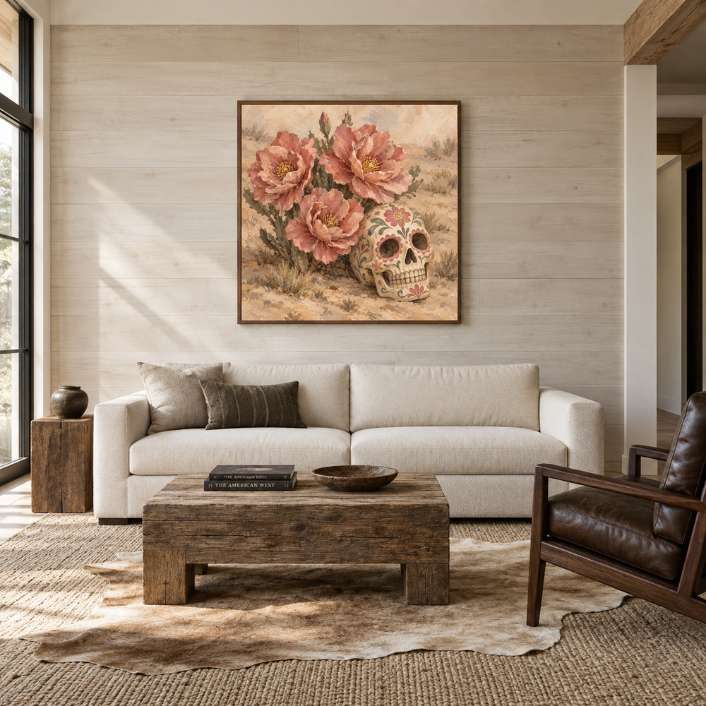 Desert Rose Sugar Skull oil painting displayed in a living room
