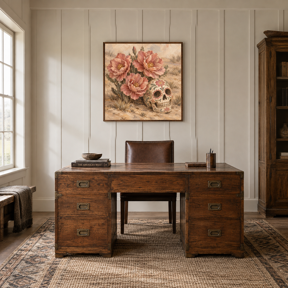 Desert Rose Sugar Skull oil painting displayed in a study