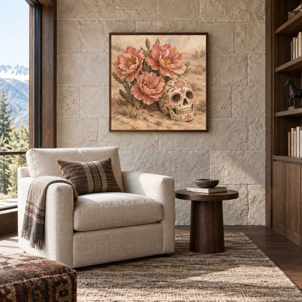 Desert Rose Sugar Skull oil painting displayed in a reading room