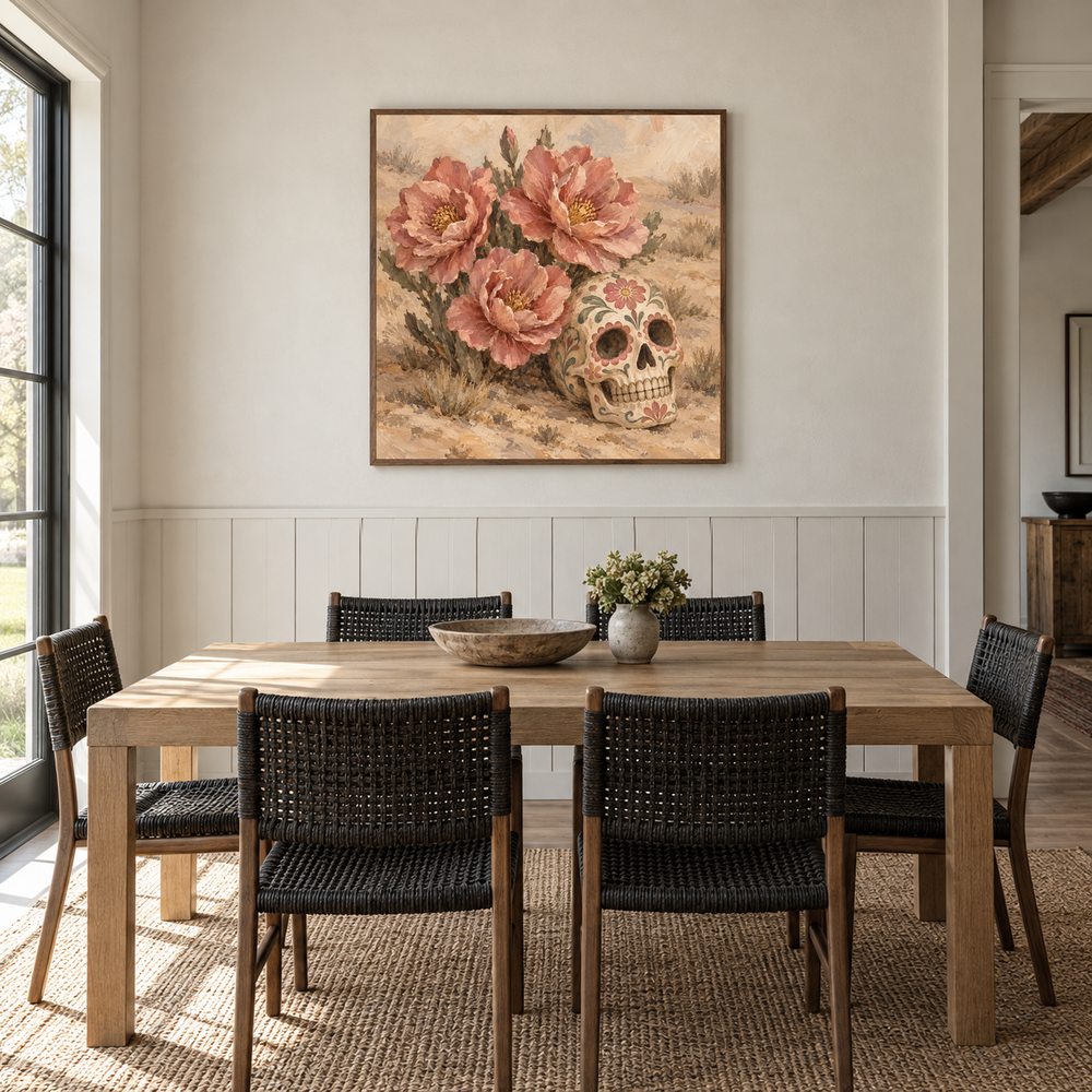 Desert Rose Sugar Skull oil painting displayed in a dining room