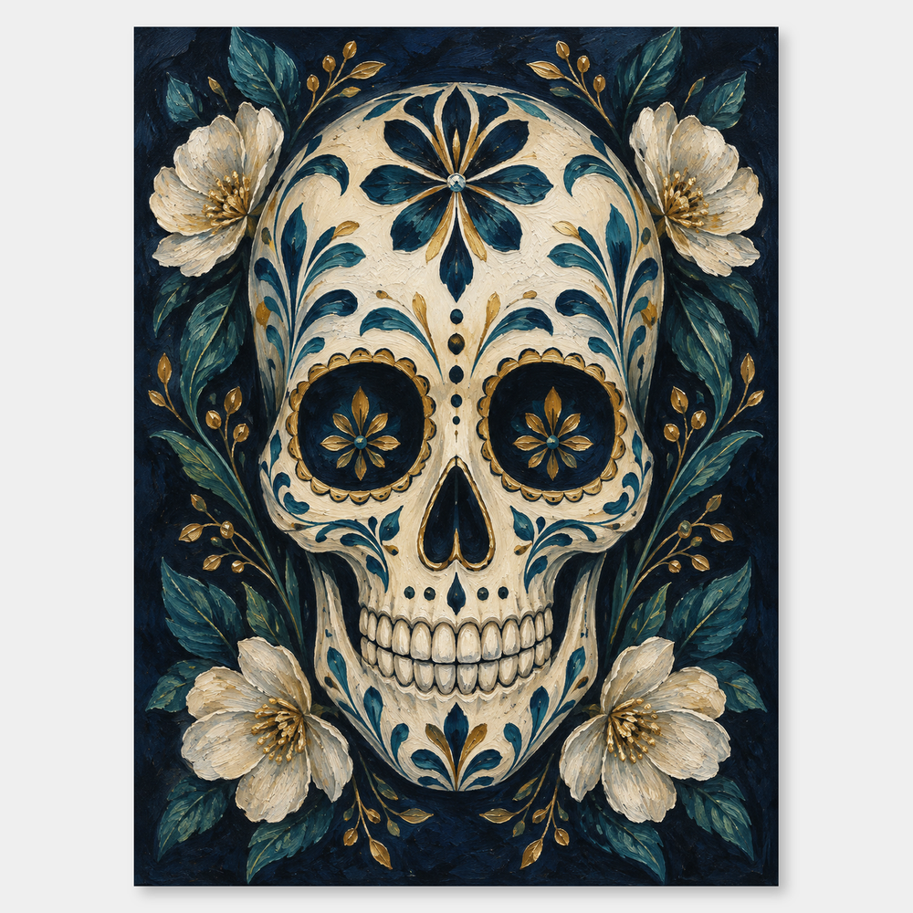 Midnight Sugar Skull oil painting shown unframed on a neutral gray background