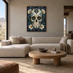 Midnight Sugar Skull oil painting displayed in a living room