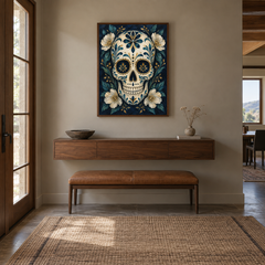 Midnight Sugar Skull oil painting displayed in a entryway