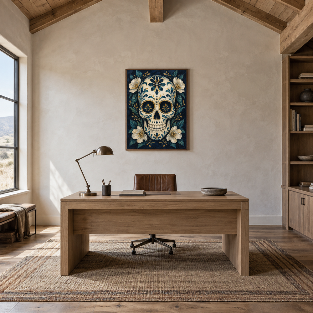 Midnight Sugar Skull oil painting displayed in a study