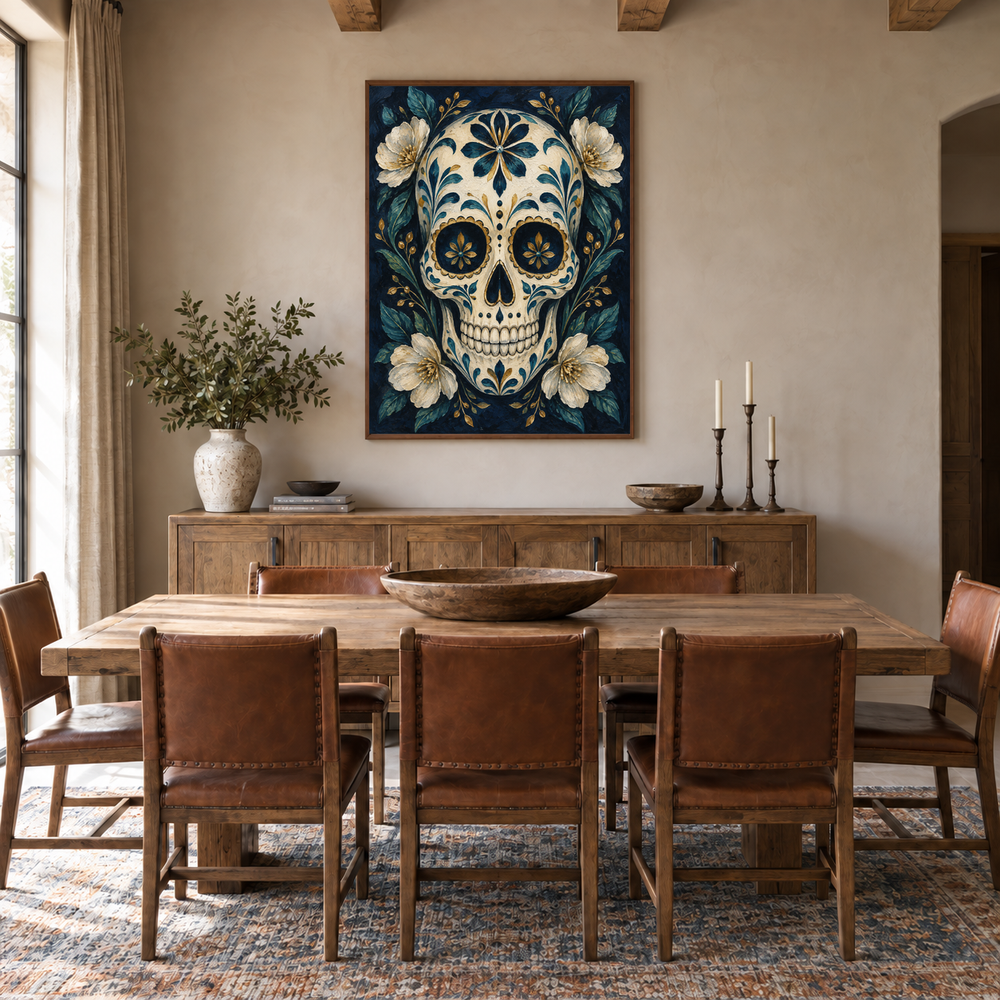 Midnight Sugar Skull oil painting displayed in a dining room