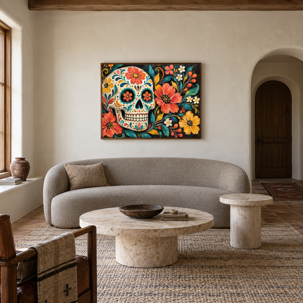 Folk Art Sugar Skull oil painting displayed in a living room