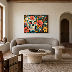Folk Art Sugar Skull oil painting displayed in a living room