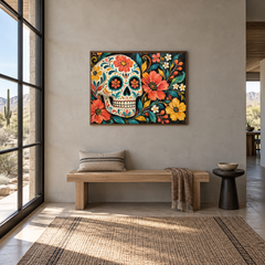 Folk Art Sugar Skull oil painting displayed in a entryway