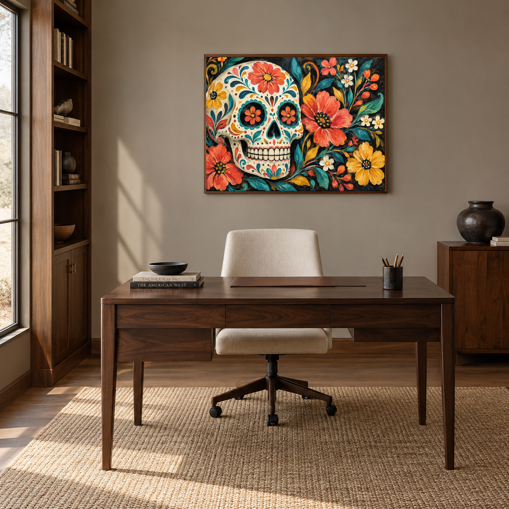 Folk Art Sugar Skull oil painting displayed in a study