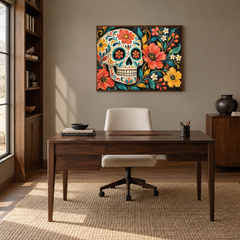 Folk Art Sugar Skull oil painting displayed in a study
