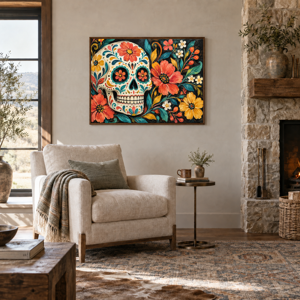Folk Art Sugar Skull oil painting displayed in a reading room
