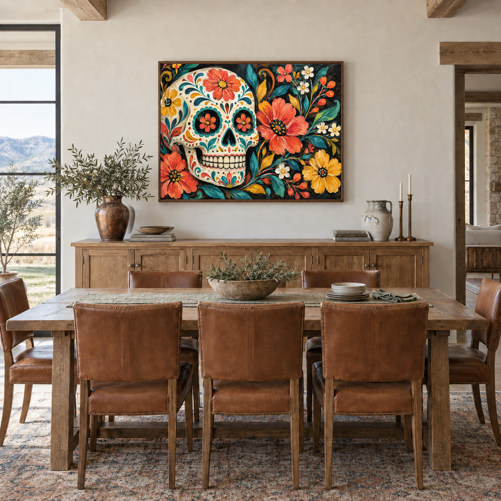 Folk Art Sugar Skull oil painting displayed in a dining room