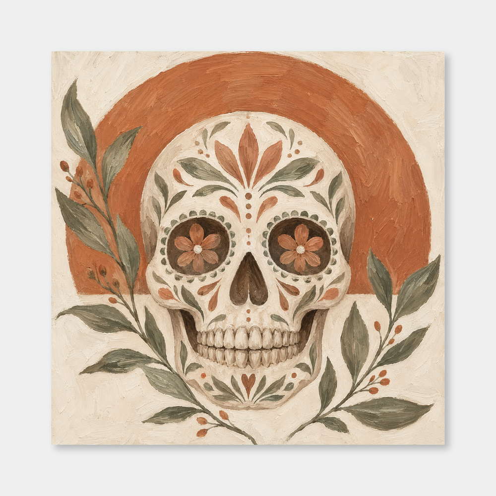 Neutral Boho Sugar Skull oil painting shown unframed on a neutral gray background