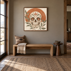 Neutral Boho Sugar Skull oil painting displayed in a entryway