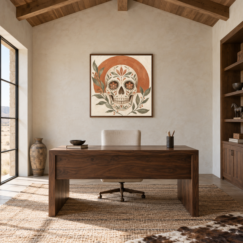 Neutral Boho Sugar Skull oil painting displayed in a study