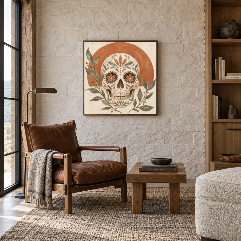 Neutral Boho Sugar Skull oil painting displayed in a reading room