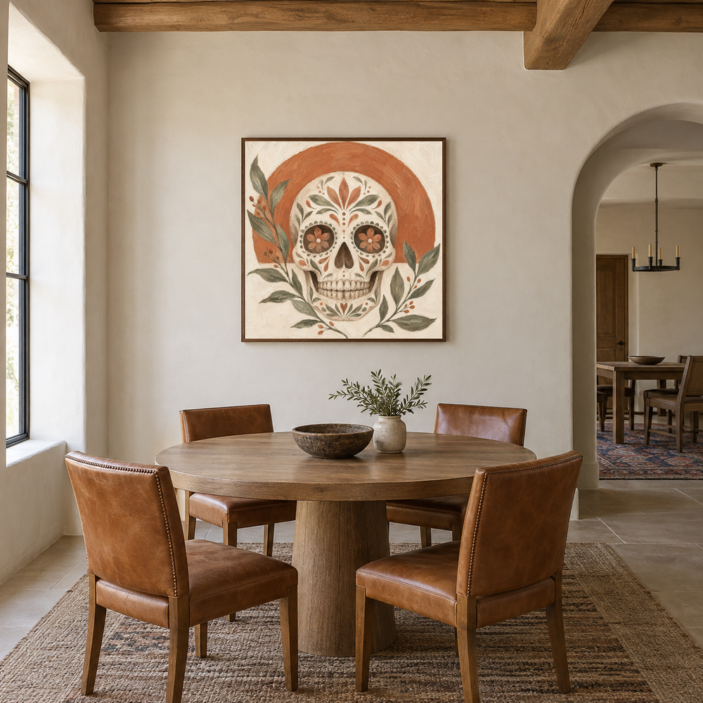 Neutral Boho Sugar Skull oil painting displayed in a dining room